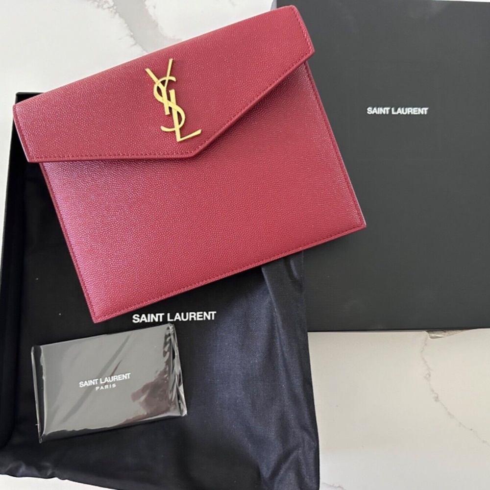 SAINT LAURENT YSL Monogram Pebbled Leather Uptown Baby Pouch Clutch Red